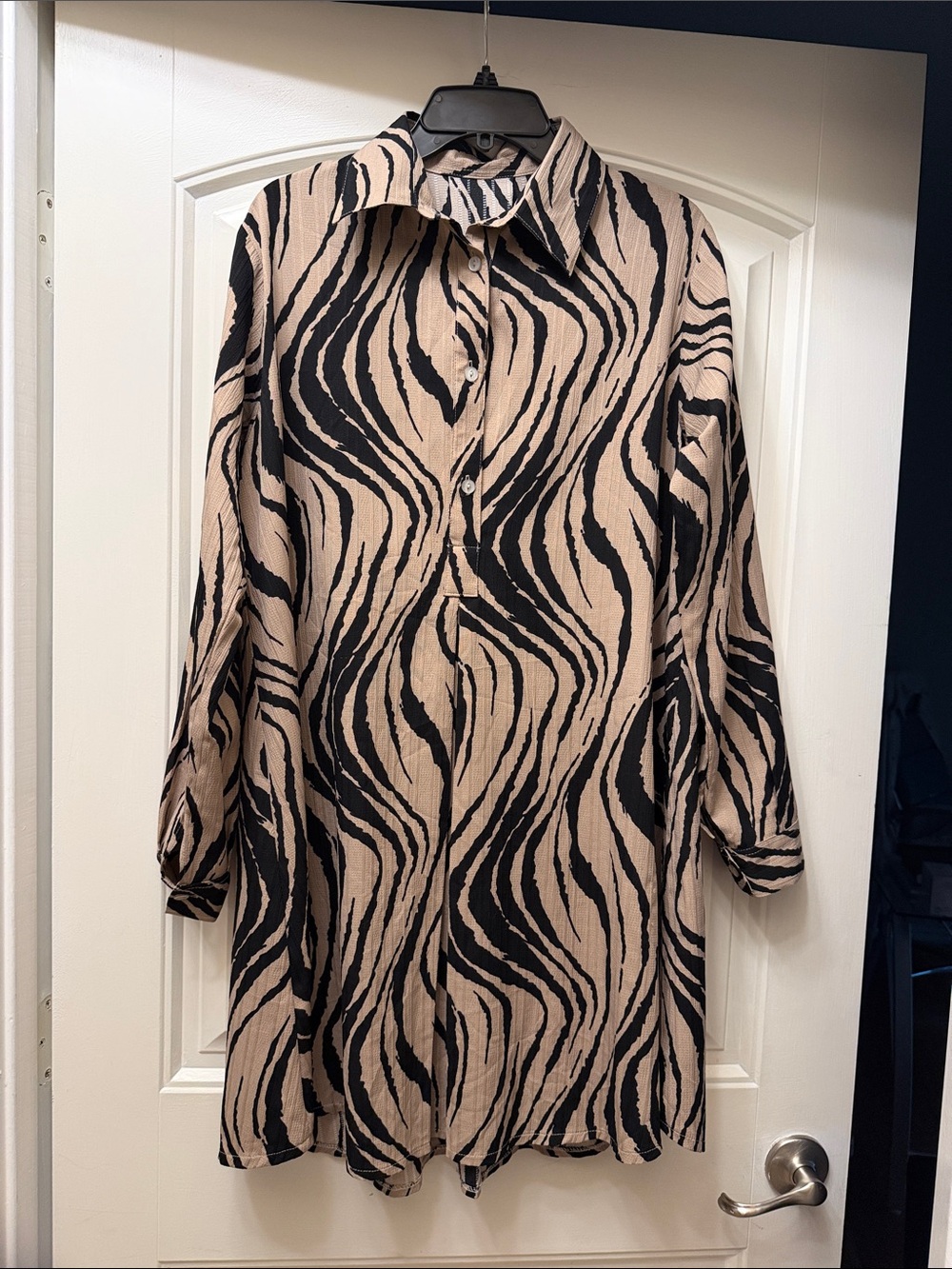 Beige and Black Zebra Print Button-Up Tunic